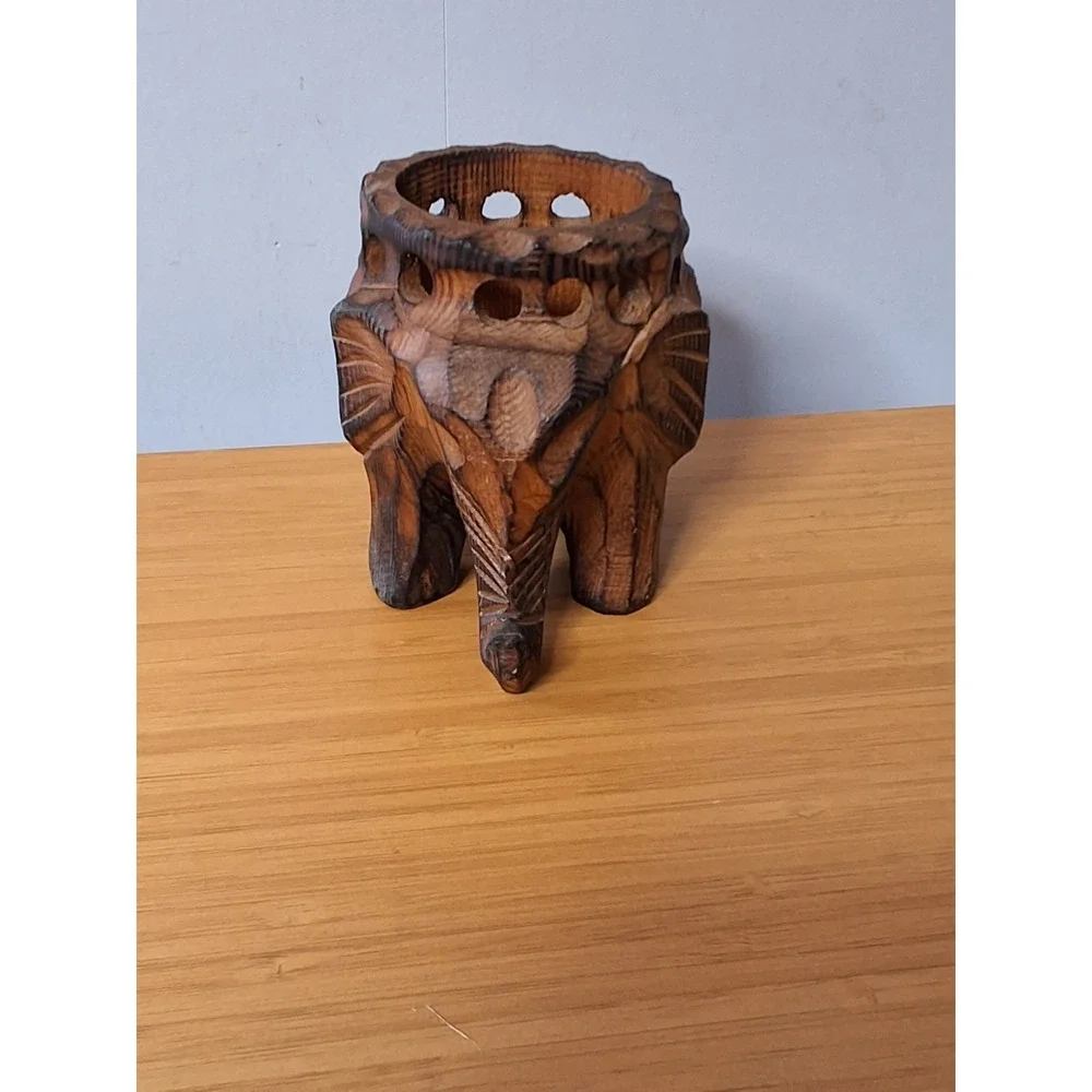 Hand Carved Wooden Elephant Trinket Candle Planter Holder‎